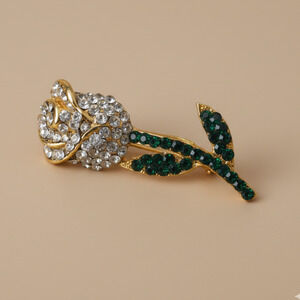Vintage Jonette JJ Rose Brooch | 1980s Gold Tone Rhinestone Flower Pin
